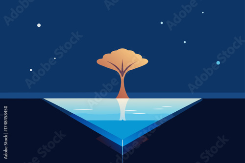 A solitary stylized tree with an orange canopy stands reflected in a geometric pool of water under a dark blue night sky with scattered stars