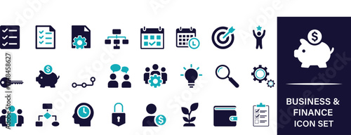 Professional business and finance vector set featuring money, management, and growth concepts in clean flat and outline styles. Ideal for corporate, startup, fintech, and economic projects.