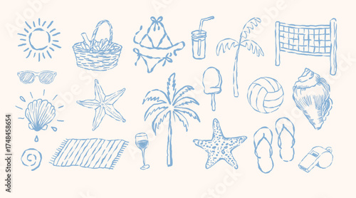 Hand drawn seamless pattern with vintage summer beach and nautical icons set for vacation vector illustration design