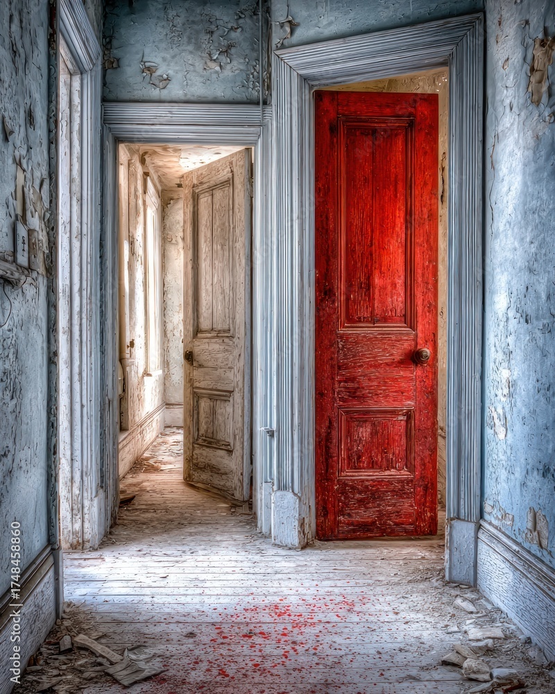 Fototapeta premium A worn hallway features a bright red door, contrasting against faded blue walls and dust-covered floors
