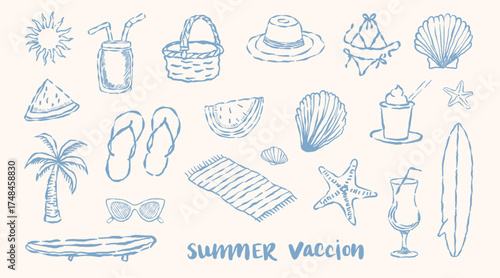 A collection of hand-drawn seamless patterns with summer vacation and surf board,coconut tree,shell,sunglass, vector design element.