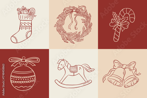 Vintage hand draw Christmas decoration set with bells, wreaths, stocking, candy cane, toy vector illustration. Doodle New Year elements