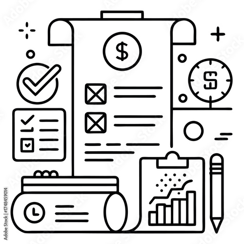Minimal line art illustration of business planning and project management, checklist, laptop, chat bubble, and financial icons in black and white outline style