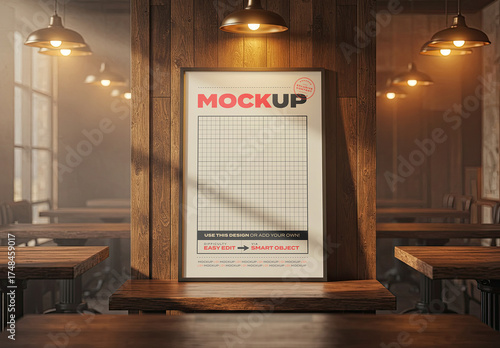 Vertical Frame Poster Mockup on Wooden Bar