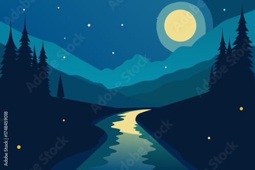 Tranquil night landscape with a winding river reflecting moonlight and silhouetted pine trees against layered mountains and a starry sky