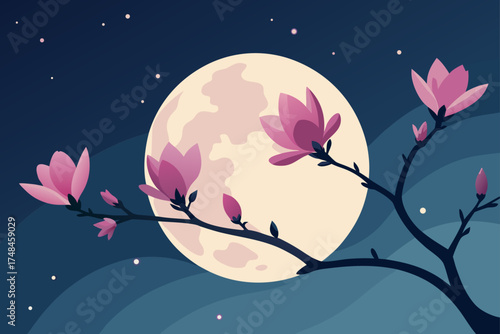 Serene night scene featuring a large pale moon behind blooming pink magnolia flowers on a dark branch with small stars in the deep blue sky