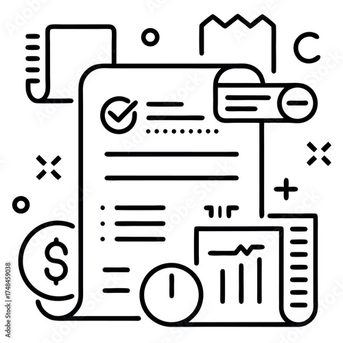 Minimal line art illustration of business planning and project management, checklist, laptop, chat bubble, and financial icons in black and white outline style