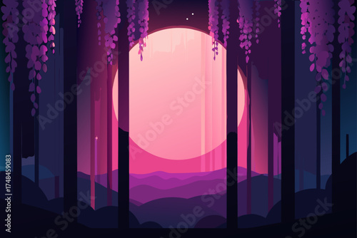 Enchanting minimalist forest scene with hanging purple wisteria flowers framing a large soft pink moon and rolling purple hills