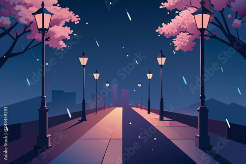 Enchanting nighttime street scene with blooming cherry blossom trees and glowing lampposts casting warm light on a serene city pathway