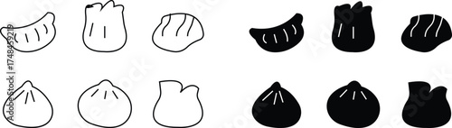 Dumpling Icon set ,Traditional Asian Cuisine, Steamed Snack, Handmade Food, Cooking, Restaurant, Meal, Street Food, and Culinary Symbols in Modern Vector, dumpling, falafel, croissant, kebab icons,