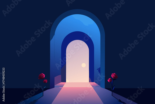 A surreal arched doorway bathed in soft light with red roses framing the entrance and a path leading towards the glowing portal