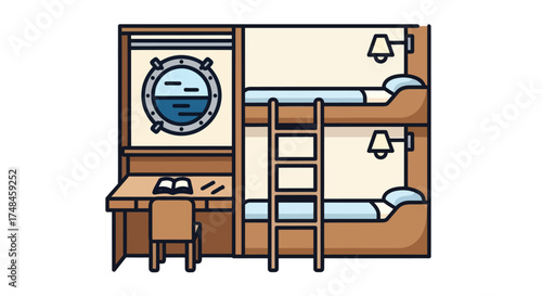 Cartoon Illustration of a Ship Cabin with Bunk Beds and Desk.