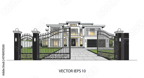 Grand Modern Mansion with Ornate Wrought Iron Gates and Driveway.