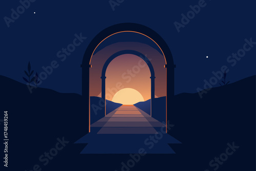 Minimalist illustration of a grand arched gateway framing a vibrant sunset over a path leading into the distance at twilight