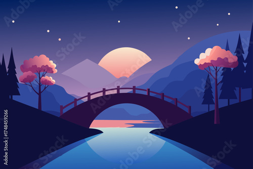 Serene twilight landscape with arch bridge over calm water mountains and stylized trees under a starry sky