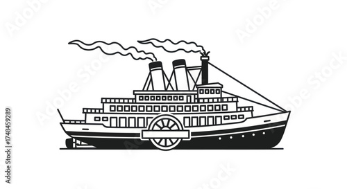 Vintage Paddle Steamboat with Smoke Emitting from Stacks.