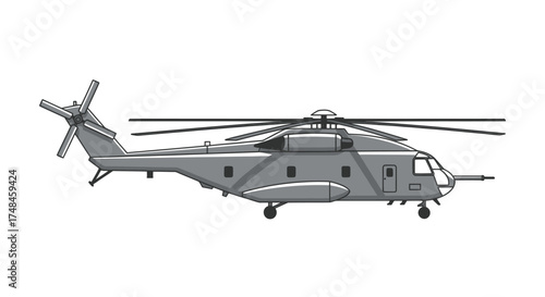 Detailed Side View Illustration of a Military Helicopter.