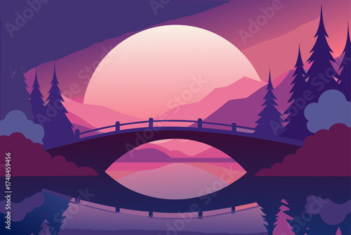Serene minimalist landscape featuring a silhouetted bridge over a calm lake reflecting mountains and a large glowing sun at dusk