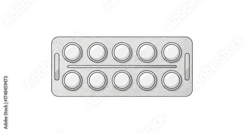A blister pack containing ten round white pills or tablets.