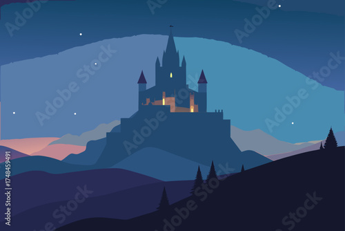 Enchanting medieval castle silhouette perched atop a mountain range under a starry twilight sky with warm illuminated windows