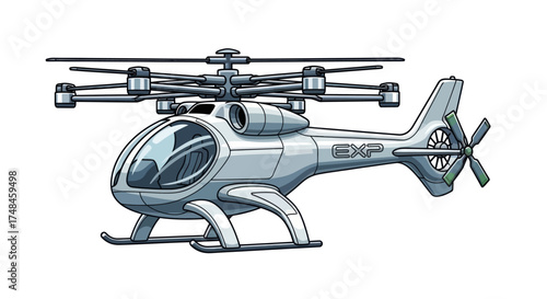Futuristic silver experimental helicopter illustration with coaxial multi-blade rotors and a tail rotor.