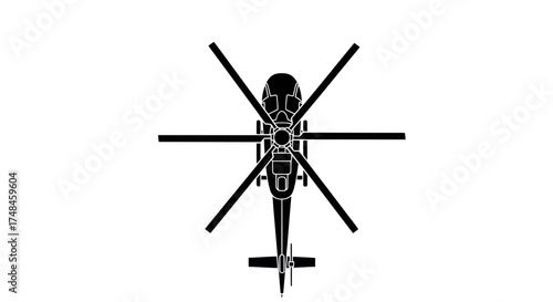 Black Silhouette of a Helicopter from Top View with Main and Tail Rotors.