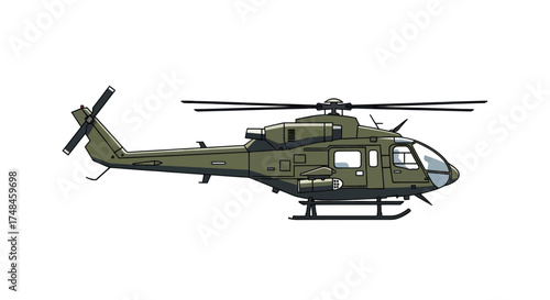 Olive Drab Military Helicopter with Rotor Blades and Landing Skids.