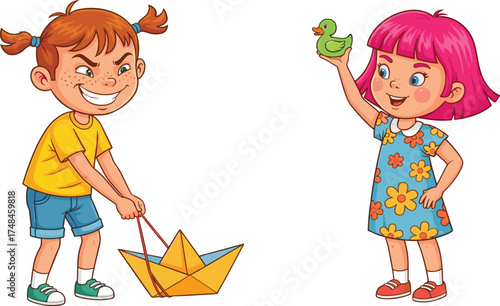 Children playing with paper boat and rubber duck, kids fun activity, joyful childhood, imagination, creativity, teamwork, playful learning, outdoor play