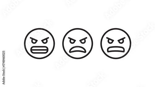 Three stylized emoticons expressing anger and frustration, conveying negative emotions.
