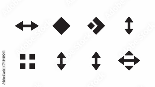 Illustration of eight different black geometric arrow icons arranged in two rows on a white background | editable eps vectors silhouette