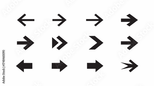 A collection of twelve black arrow icons pointing in various directions on a white background layout design | editable eps vectors silhouette