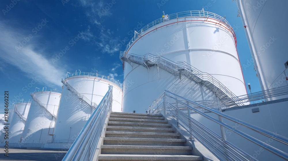 Fototapeta premium White industrial fuel storage tanks with staircases and blue sky background