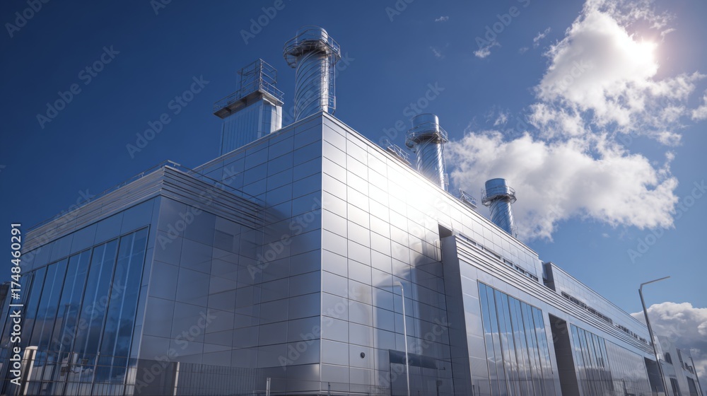 Obraz premium Modern industrial factory building with metal exterior and glass windows under sunlight