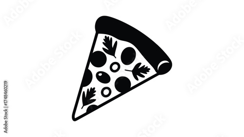 Simple hand drawn black and white illustration of a slice of pizza with olives and herbs