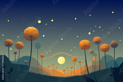 Whimsical fantasy landscape at twilight with glowing dandelion like plants and a large moon illuminating the scene