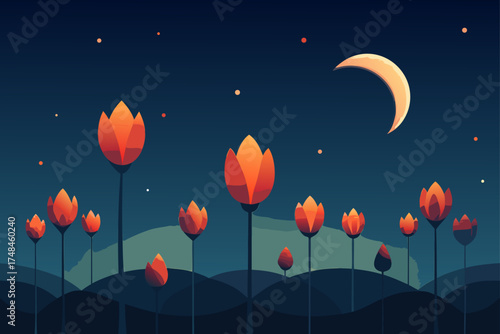 Enchanting night scene with glowing orange tulips under a crescent moon and starry sky creating a magical and serene atmosphere