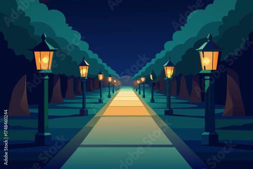 A long straight park pathway illuminated by vintage streetlights at night with dark trees lining both sides creating a symmetrical perspective