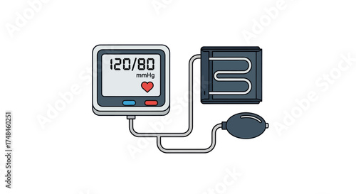 Digital Blood Pressure Monitor Displaying Healthy Reading with Cuff.