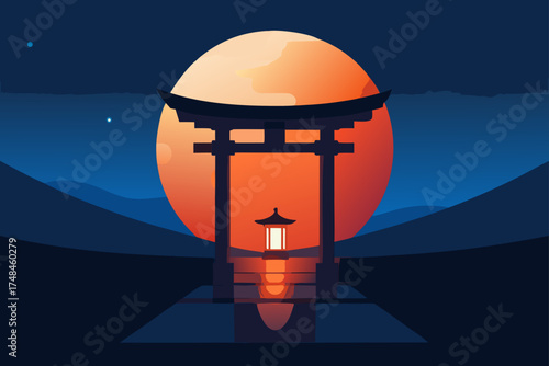 Serene japanese torii gate illuminated by a glowing lantern reflected in calm water under a large orange moon and starry night sky