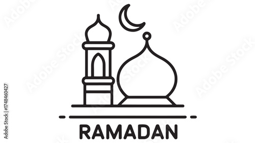 Islamic mosque silhouette with crescent moon and Ramadan text, symbolizing religious celebration and spirituality
