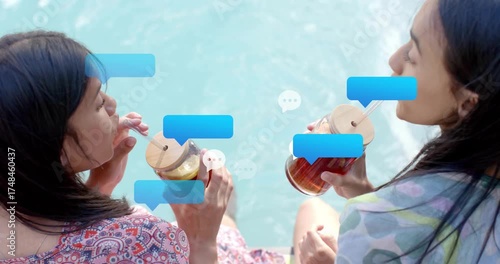 Friends lifting mason jars pool toasting iced tea sending chat bubbles between them for marketing