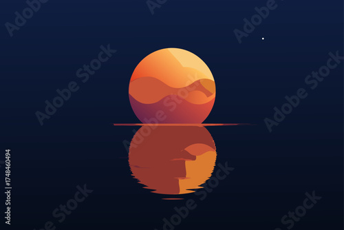 Vibrant abstract sunset reflected on calm water with a single star in the dark night sky minimalist digital art