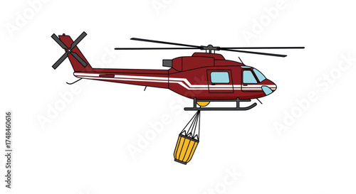 Red utility helicopter carrying yellow water bucket for aerial firefighting.