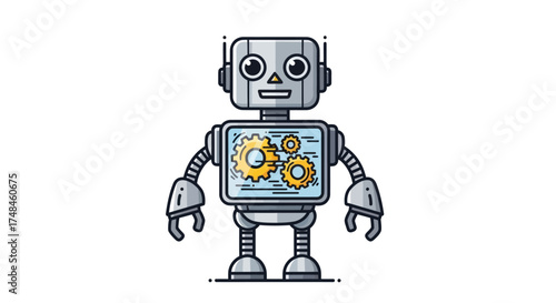 Retro robot character with visible gears inside its chest panel.