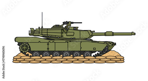 Green Military Tank on Sandbags Armed and Ready.