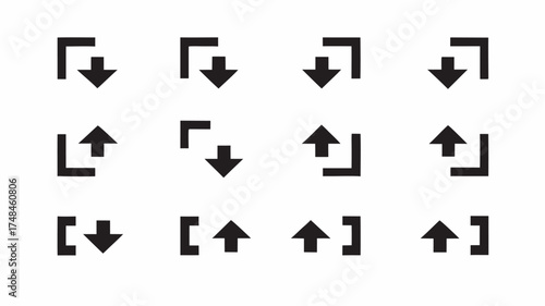 A collection of black arrow icons and plus signs arranged on a white background in a symmetrical pattern | editable eps vectors silhouette