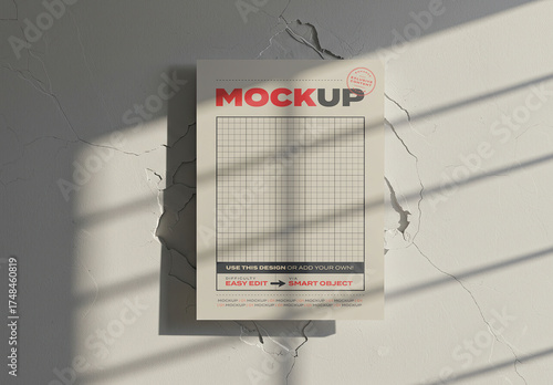 Vertical Poster on Cracked Concrete Wall with Shadow Mockup