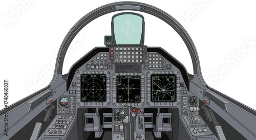 Detailed Cockpit View of a Modern Military Jet Aircraft.