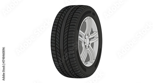 Black Car Tire with Silver Rim and Tread Pattern.