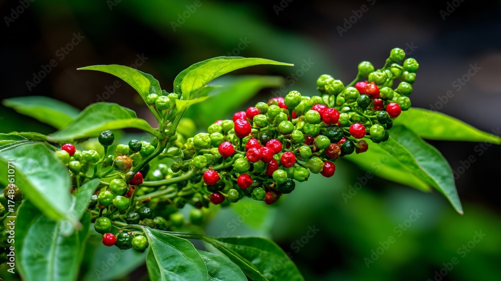 Obraz premium botanical illustration of a pepper vine with clusters of ripening green, red, and black peppercorns. Focus on the texture of the berries and the glossy leaves. Scientific, elegant composition 